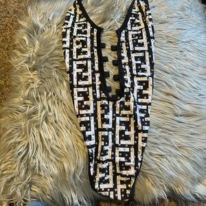 fendi inspired spandex lace up one piece